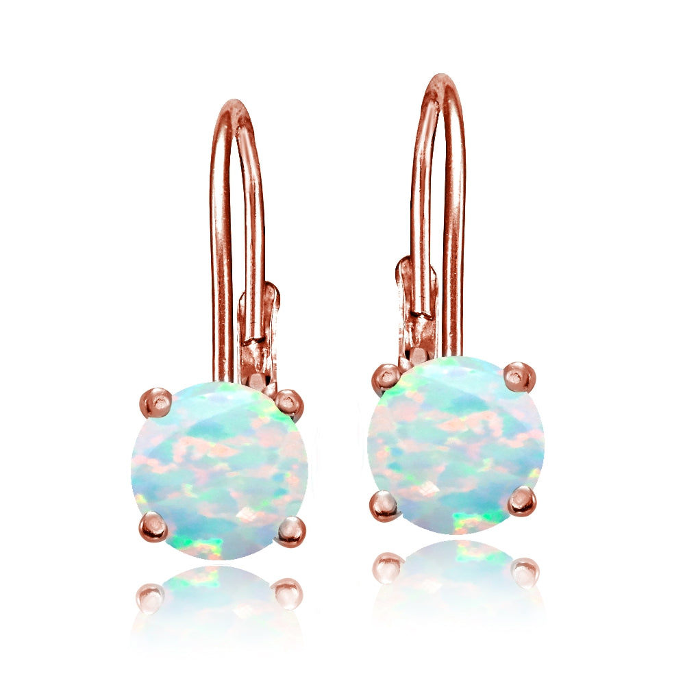 Rose Gold Flashed Sterling Silver Created Opal 6mm Round Leverback Earrings-2