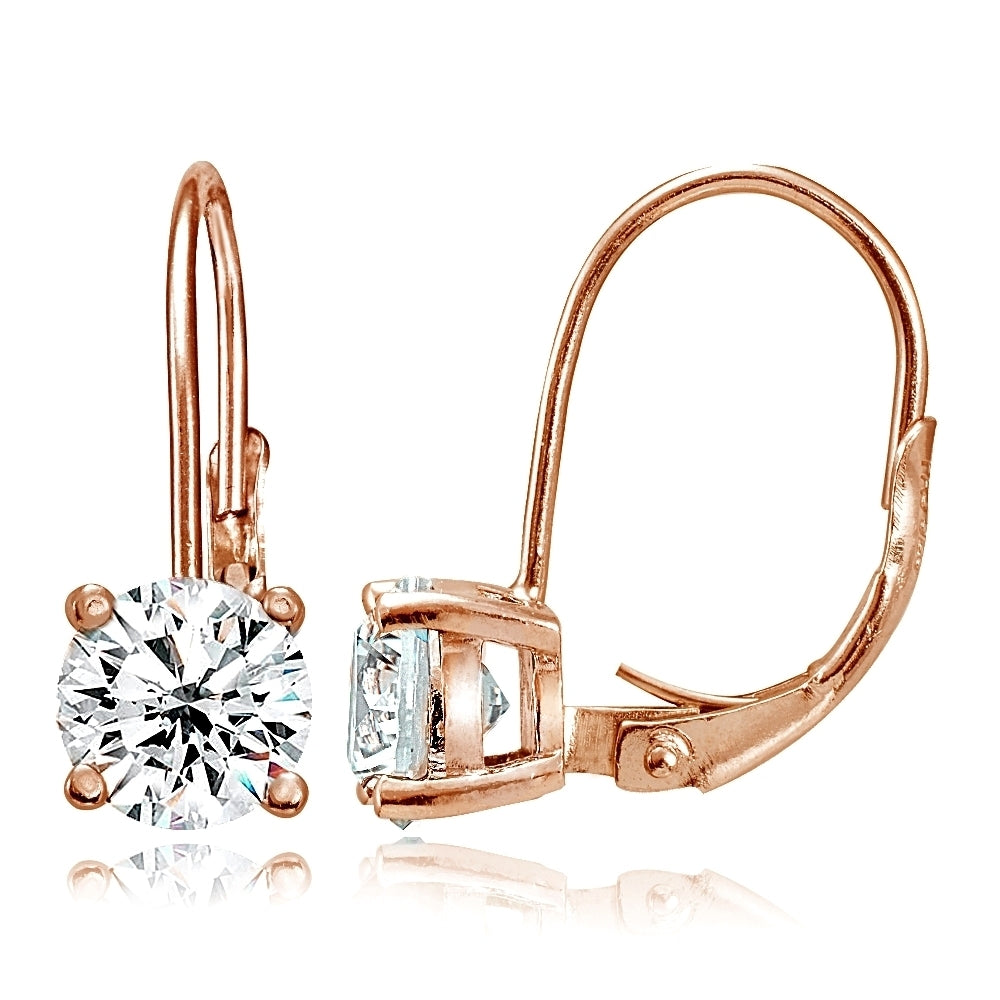 Rose Gold Flashed Sterling Silver Cubic Zirconia 6mm Round Leverback Earrings