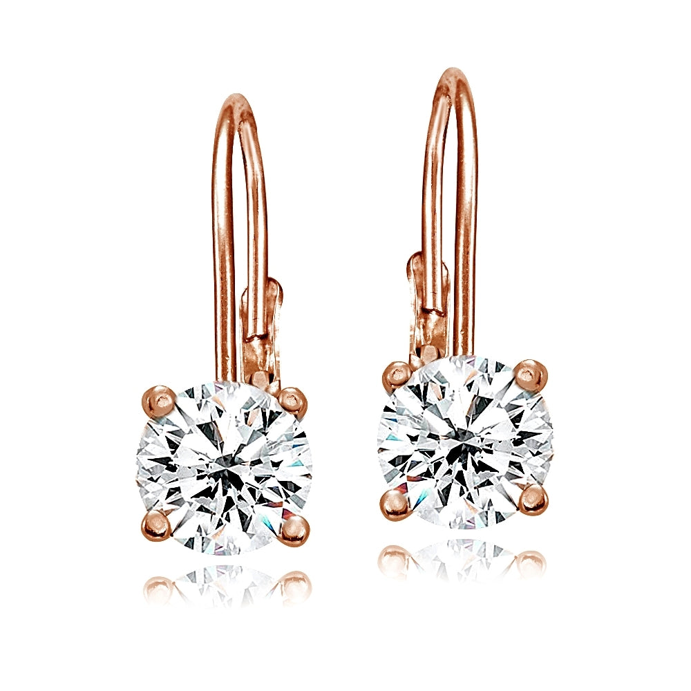 Rose Gold Flashed Sterling Silver Cubic Zirconia 6mm Round Leverback Earrings-2