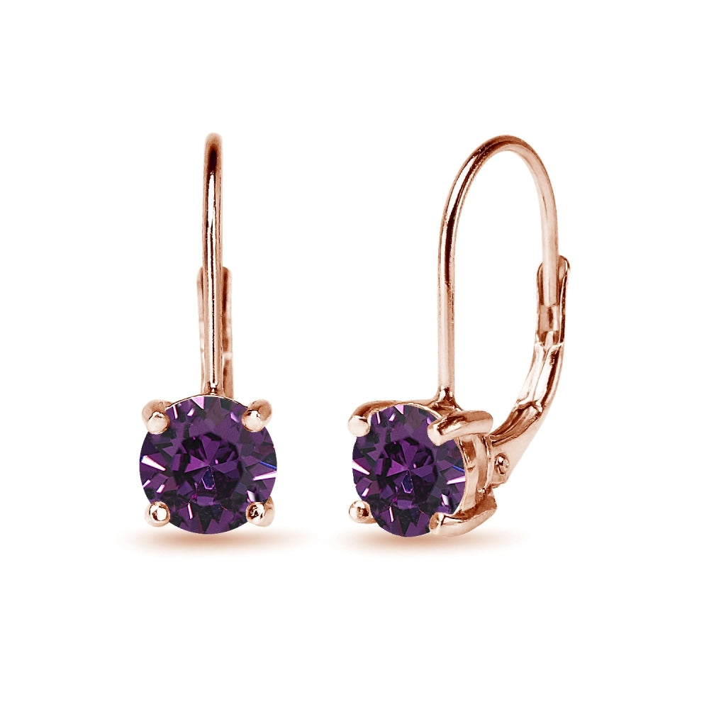 Rose Golden Shadow Flashed Sterling Silver Purple Round-cut Leverback Earrings Made with Swarovski Crystals