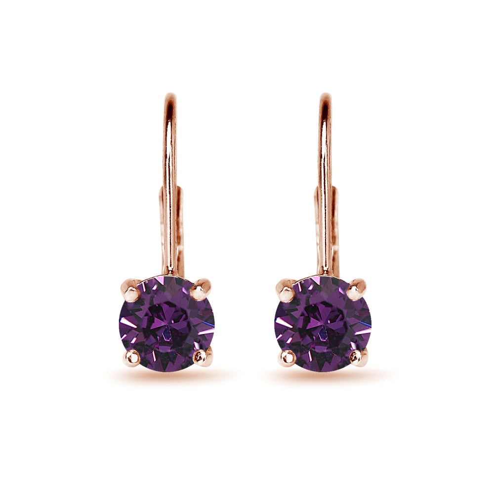 Rose Golden Shadow Flashed Sterling Silver Purple Round-cut Leverback Earrings Made with Swarovski Crystals-2