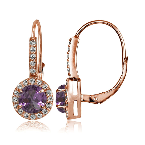 Rose Gold Flashed Sterling Siver Created Alexandrite and Cubic Zirconia Accents Round Leverback Earrings