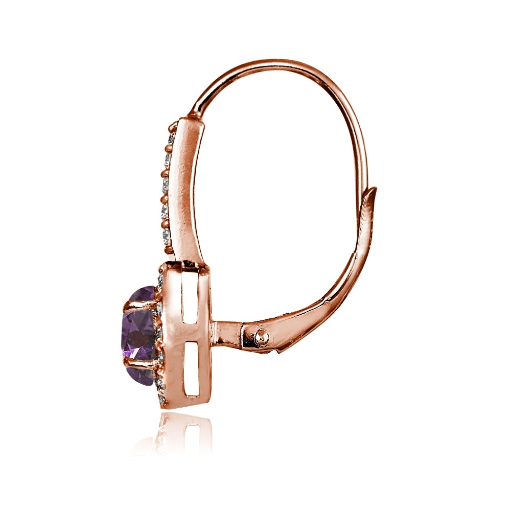 Rose Gold Flashed Sterling Siver Created Alexandrite and Cubic Zirconia Accents Round Leverback Earrings-3