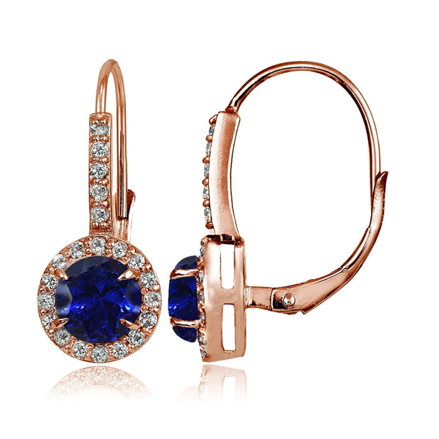 Rose Gold Flashed Sterling Silver Created Blue Sapphire and Cubic Zirconia Accents Round Leverback Earrings
