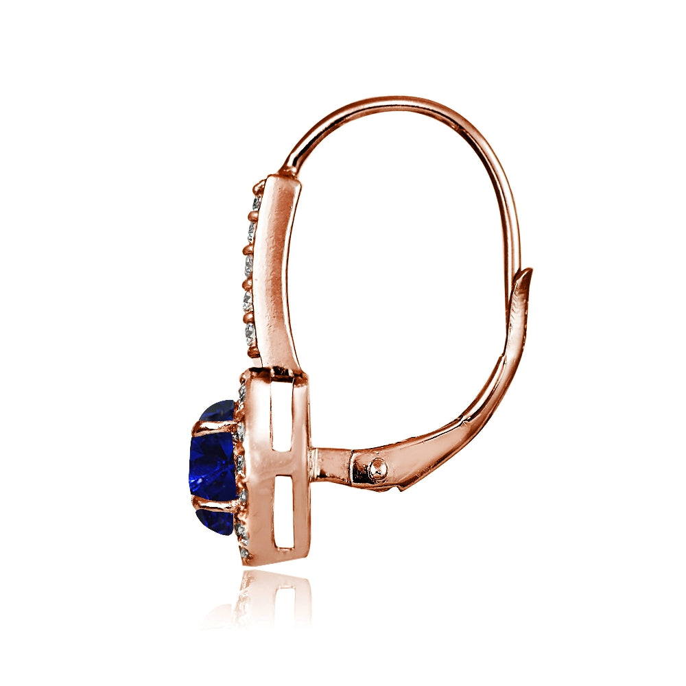 Rose Gold Flashed Sterling Silver Created Blue Sapphire and Cubic Zirconia Accents Round Leverback Earrings-3