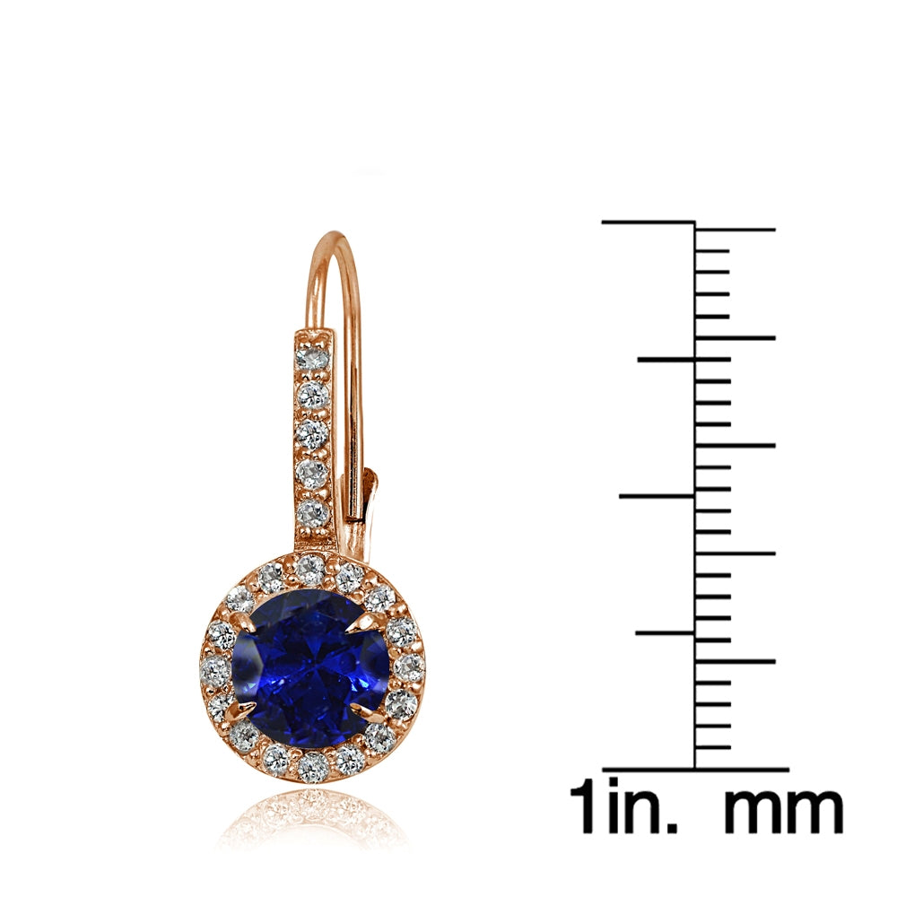Rose Gold Flashed Sterling Silver Created Blue Sapphire and Cubic Zirconia Accents Round Leverback Earrings-4