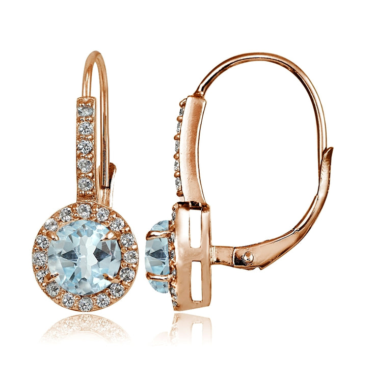 Rose Gold Flashed Sterling Silver Blue Topaz and Cubic Zirconia Accents Round Leverback Earrings