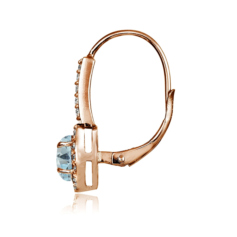 Rose Gold Flashed Sterling Silver Blue Topaz and Cubic Zirconia Accents Round Leverback Earrings-3