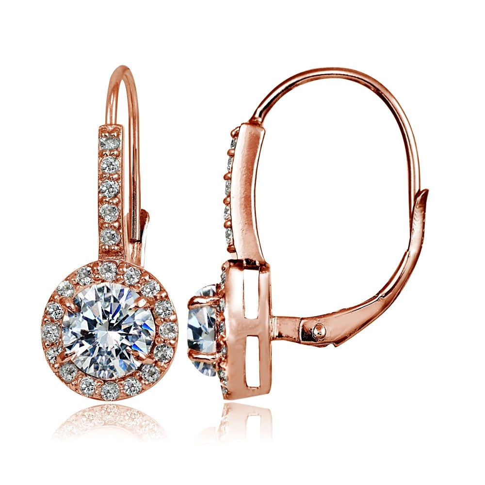 Rose Gold Flashed Sterling Silver Created White Sapphire Round Leverback Earrings