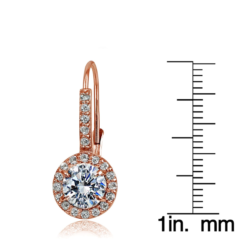 Rose Gold Flashed Sterling Silver Created White Sapphire Round Leverback Earrings-3