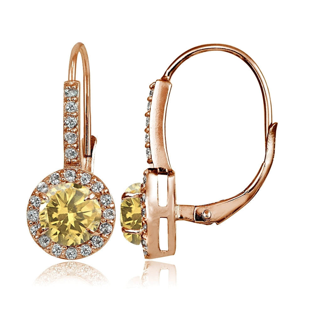Rose Gold Flashed Sterling Silver Citrine and Cubic Zirconia Accents Round Leverback Earrings