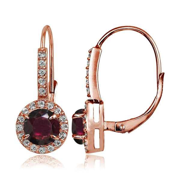 Rose Gold Flashed Sterling Silver Garnet and Cubic Zirconia Accents Round Leverback Earrings