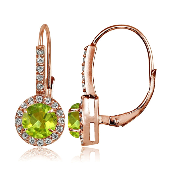 Rose Gold Flashed Sterling Silver Peridot and Cubic Zirconia Accents Round Leverback Earrings