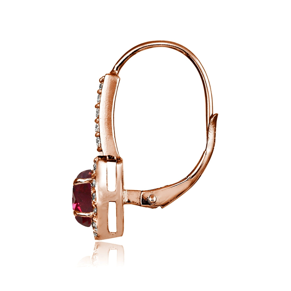 Rose Gold Flashed Sterling Silver Created Ruby and Cubic Zirconia Accents Round Leverback Earrings-2