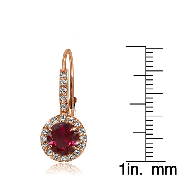 Rose Gold Flashed Sterling Silver Created Ruby and Cubic Zirconia Accents Round Leverback Earrings