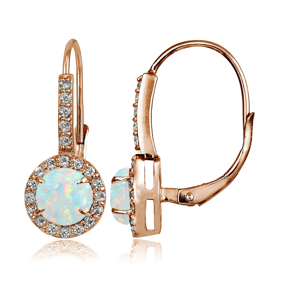 Rose Gold Flashed Sterling Silver Created White Opal and Cubic Zirconia Accents Round Leverback Earrings