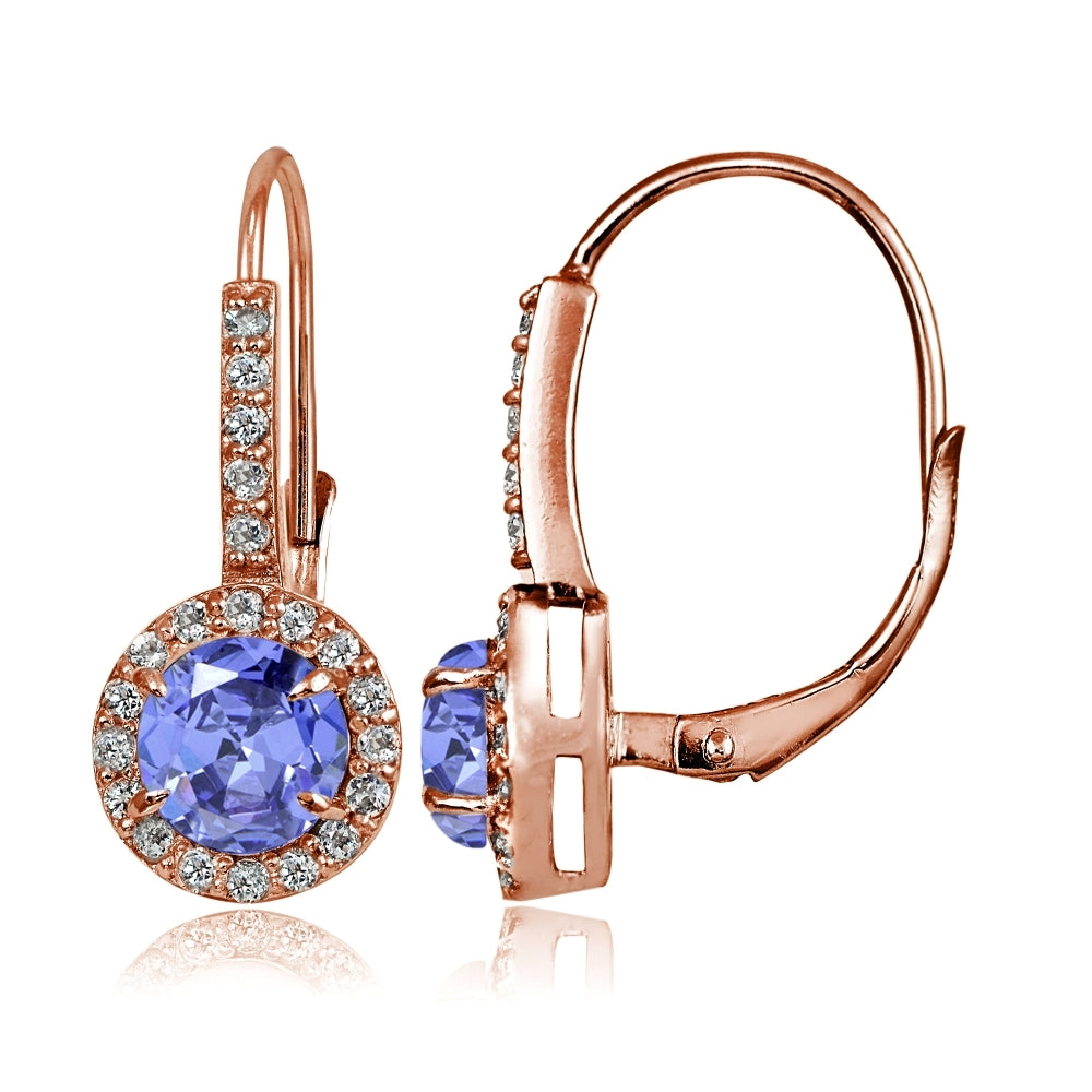 Rose Gold Flashed Sterling Silver Tanzanite and White Topaz Round Leverback Earrings