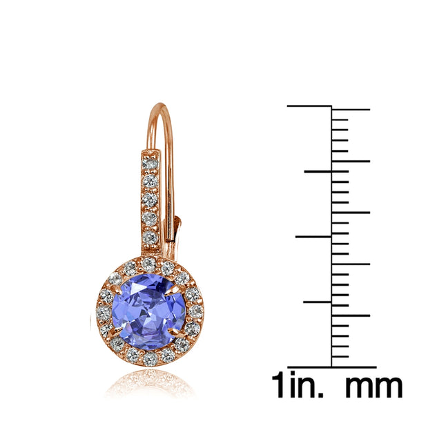 Rose Gold Flashed Sterling Silver Tanzanite and White Topaz Round Leverback Earrings