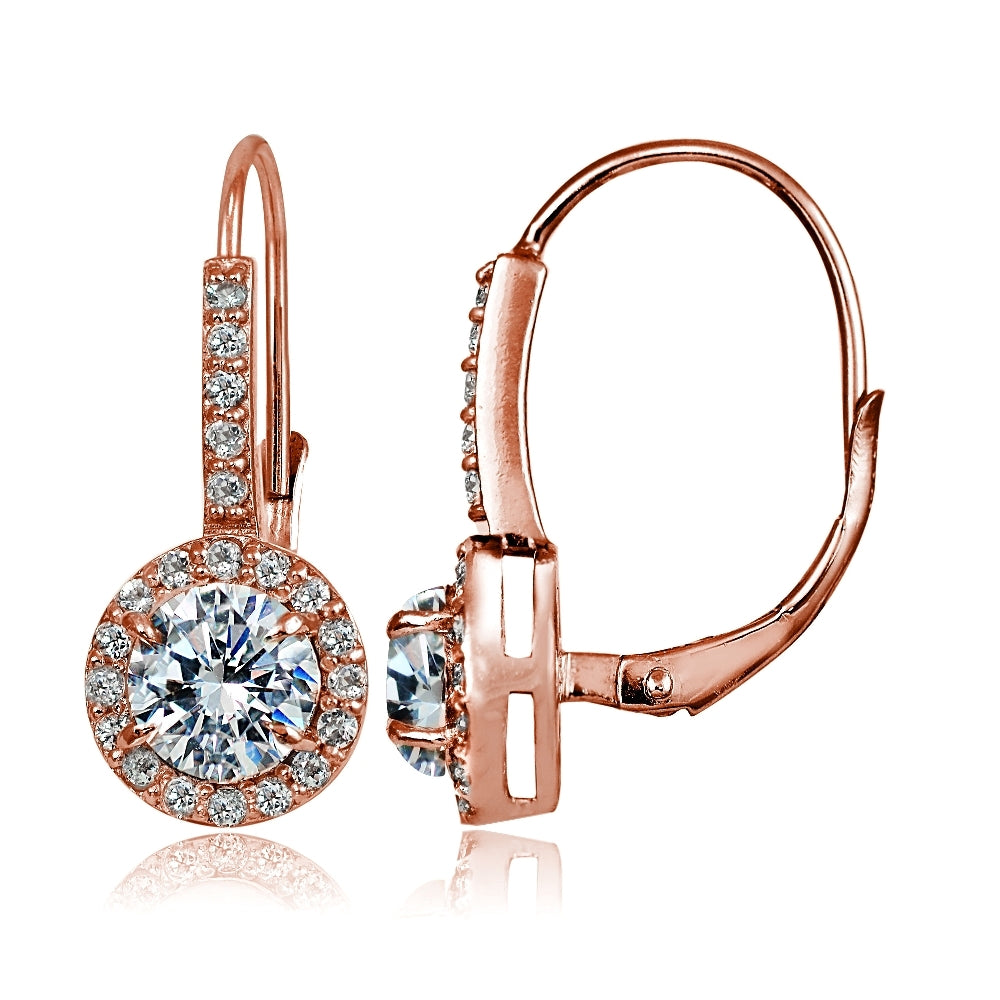 Rose Gold Flashed Sterling Silver Cubic Zirconia Round Leverback Earrings
