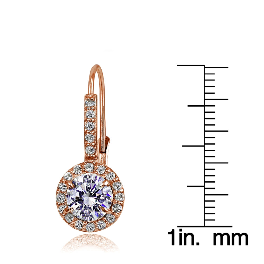 Rose Gold Flashed Sterling Silver Cubic Zirconia Round Leverback Earrings-3