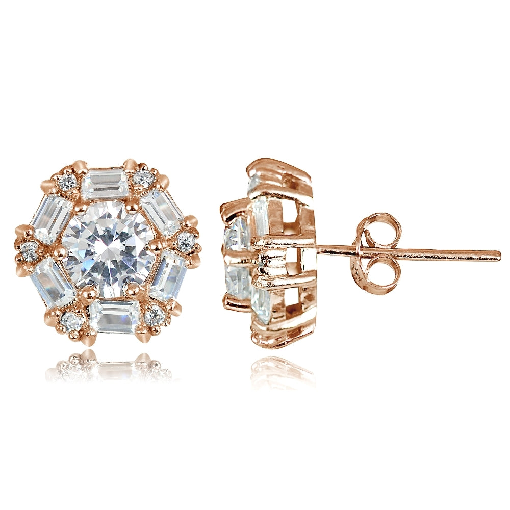 Rose Gold over Sterling Silver 4.38ct Cubic Zicronia Baguette-Cut Flower Stud Earring