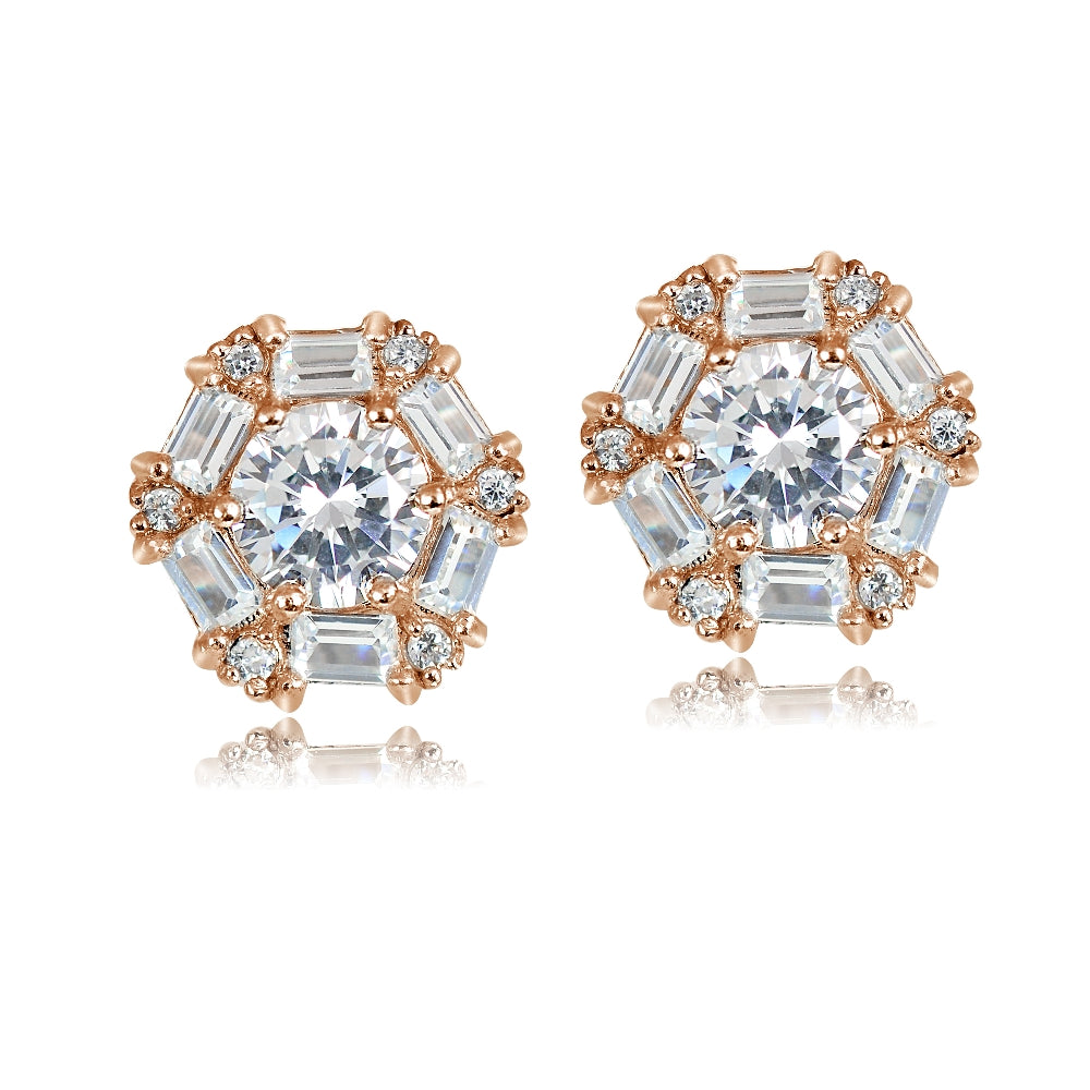 Rose Gold over Sterling Silver 4.38ct Cubic Zicronia Baguette-Cut Flower Stud Earring-3
