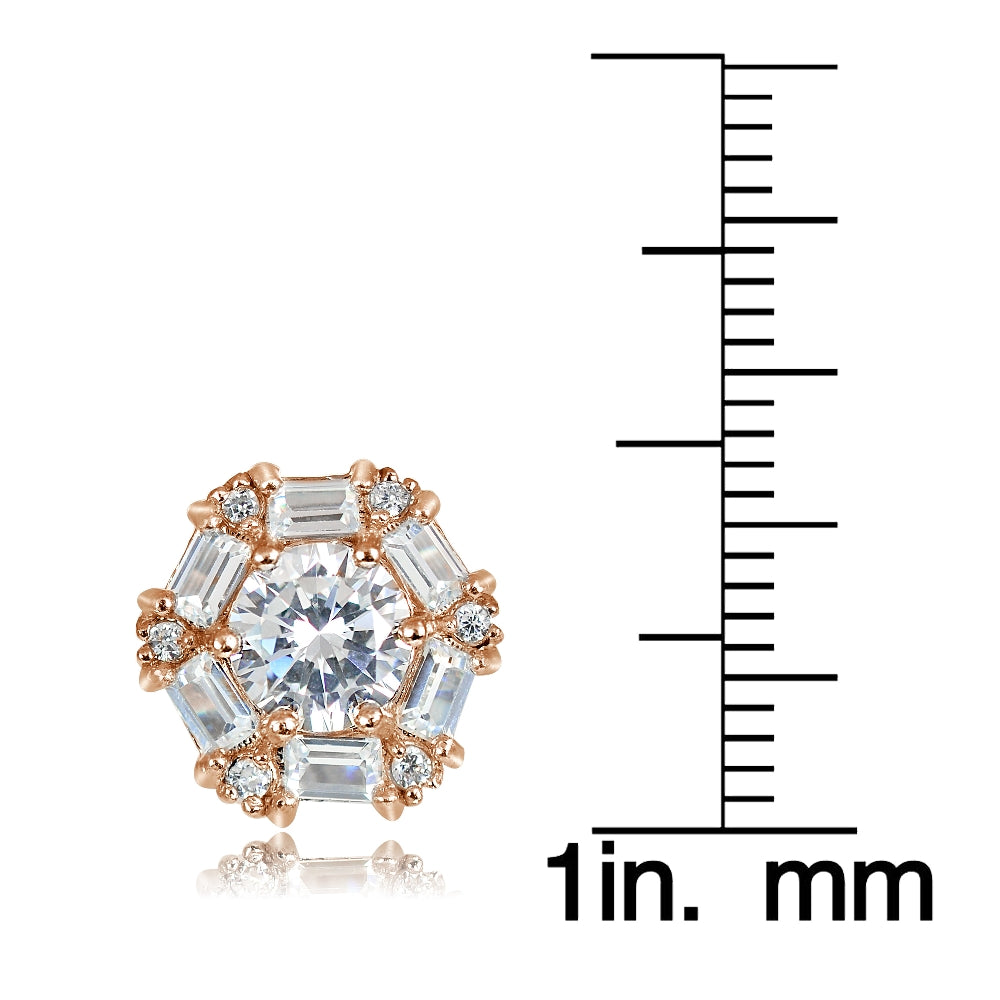 Rose Gold over Sterling Silver 4.38ct Cubic Zicronia Baguette-Cut Flower Stud Earring-4