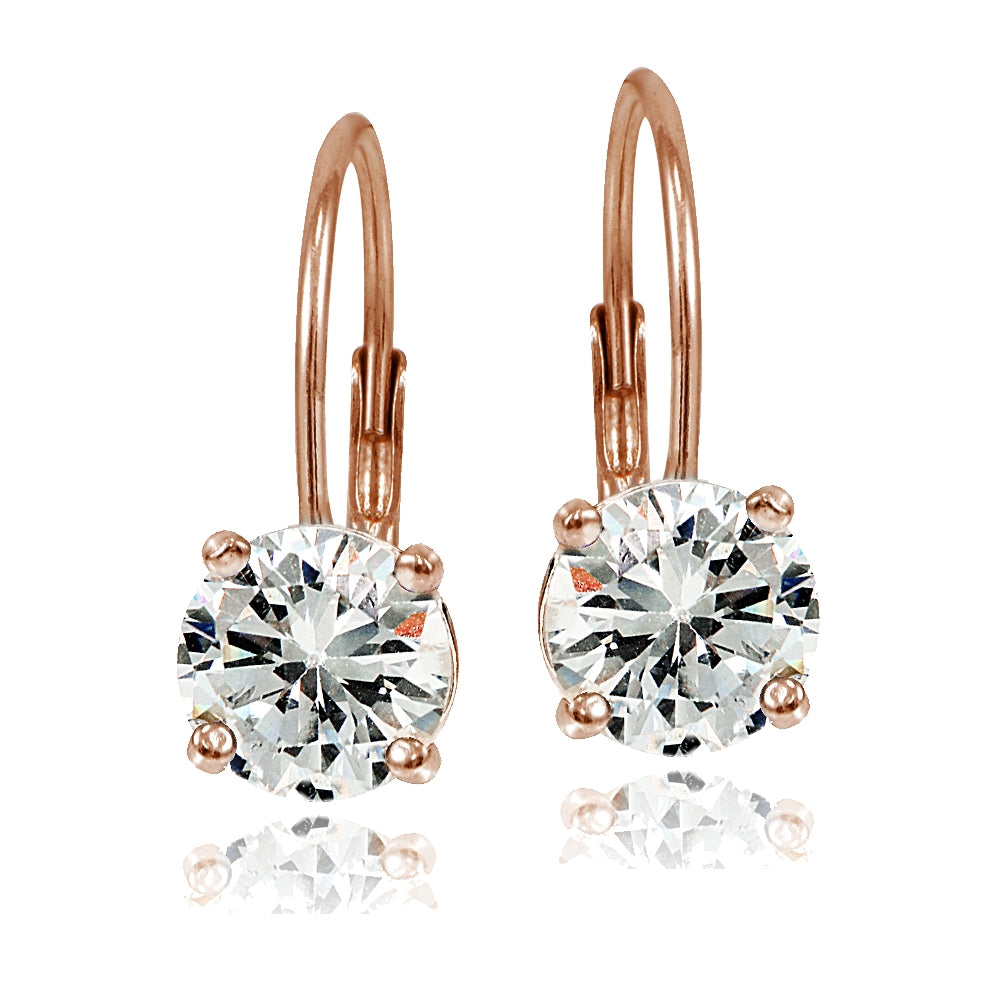 Rose Gold over Sterling Silver 7mm Round Cubic Zicronia Leverback Earrings-2