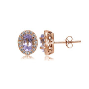 Rose Gold Flashed Sterling Silver Amethyst and Cubic Zirconia Accents Oval Halo Stud Earrings