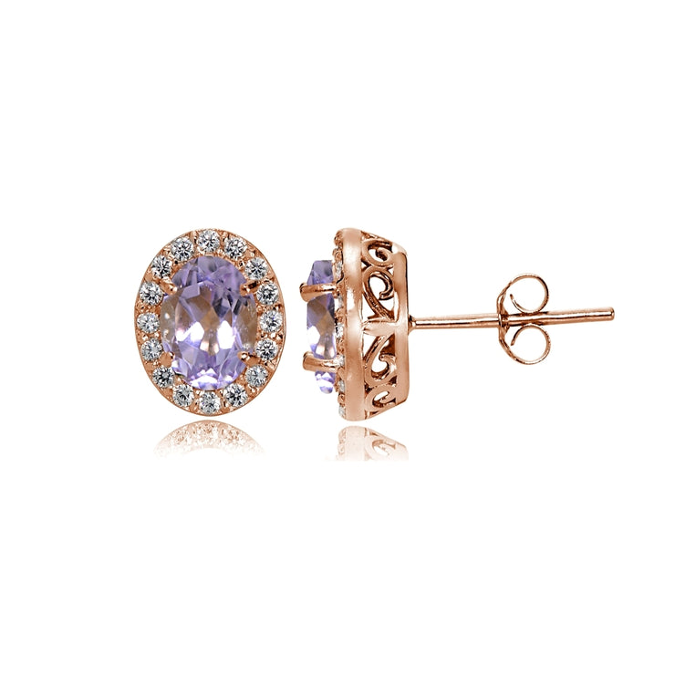 Rose Gold Flashed Sterling Silver Amethyst and Cubic Zirconia Accents Oval Halo Stud Earrings