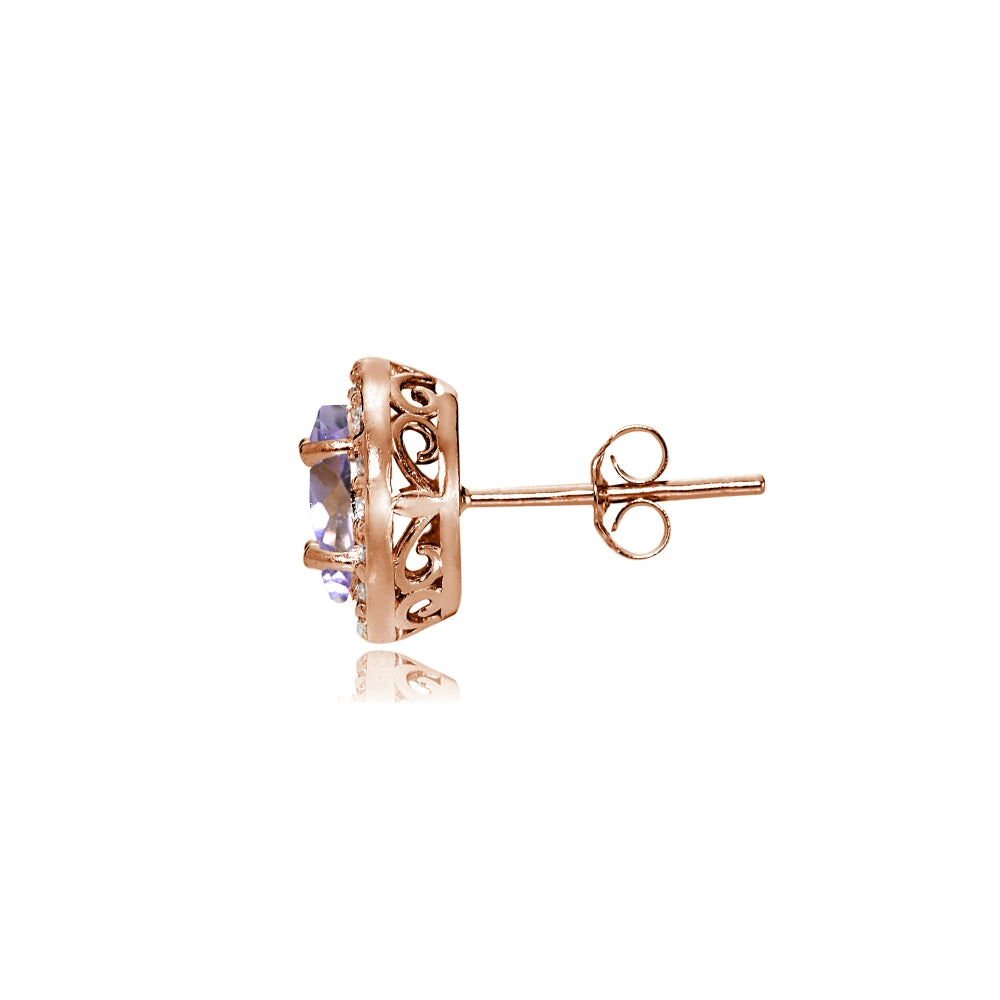 Rose Gold Flashed Sterling Silver Amethyst and Cubic Zirconia Accents Oval Halo Stud Earrings-2