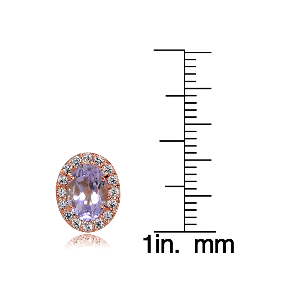 Rose Gold Flashed Sterling Silver Amethyst and Cubic Zirconia Accents Oval Halo Stud Earrings-3
