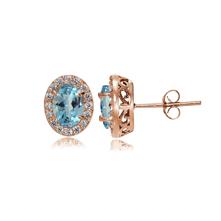 Rose Gold Flashed Sterling Silver Blue Topaz and Cubic Zirconia Accents Oval Halo Stud Earrings
