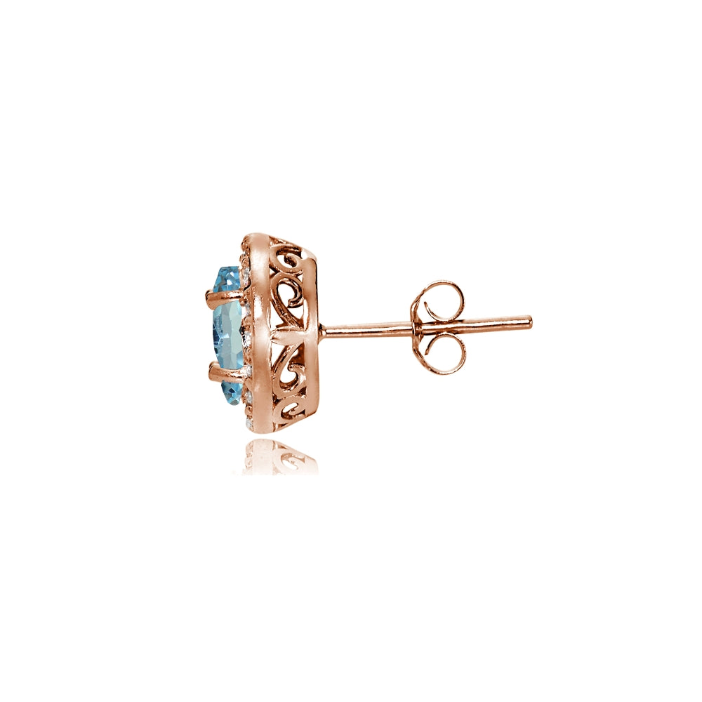 Rose Gold Flashed Sterling Silver Blue Topaz and Cubic Zirconia Accents Oval Halo Stud Earrings-2