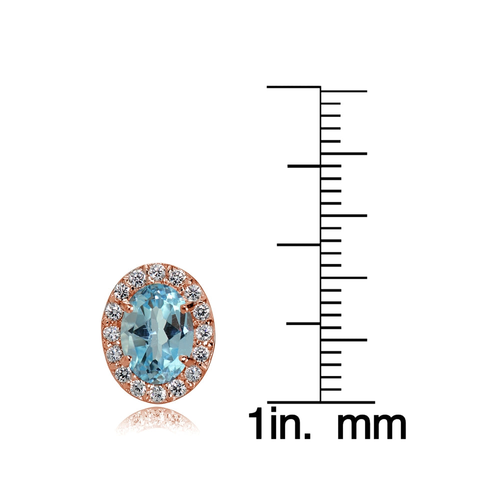 Rose Gold Flashed Sterling Silver Blue Topaz and Cubic Zirconia Accents Oval Halo Stud Earrings-3