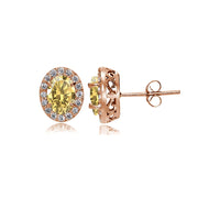 Rose Gold Flashed Sterling Silver Citrine and Cubic Zirconia Accents Oval Halo Stud Earrings