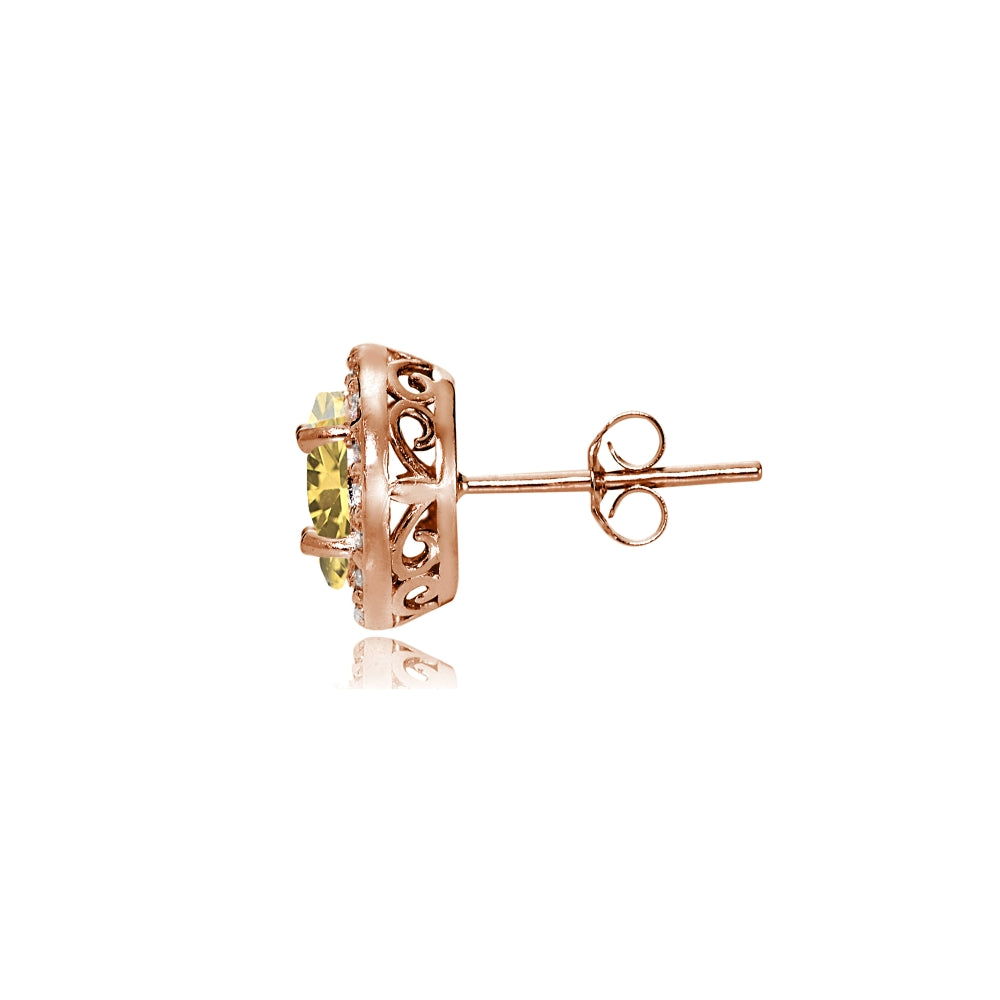 Rose Gold Flashed Sterling Silver Citrine and Cubic Zirconia Accents Oval Halo Stud Earrings-2