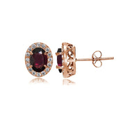 Rose Gold Flashed Sterling Silver Garnet and Cubic Zirconia Accents Oval Halo Stud Earrings