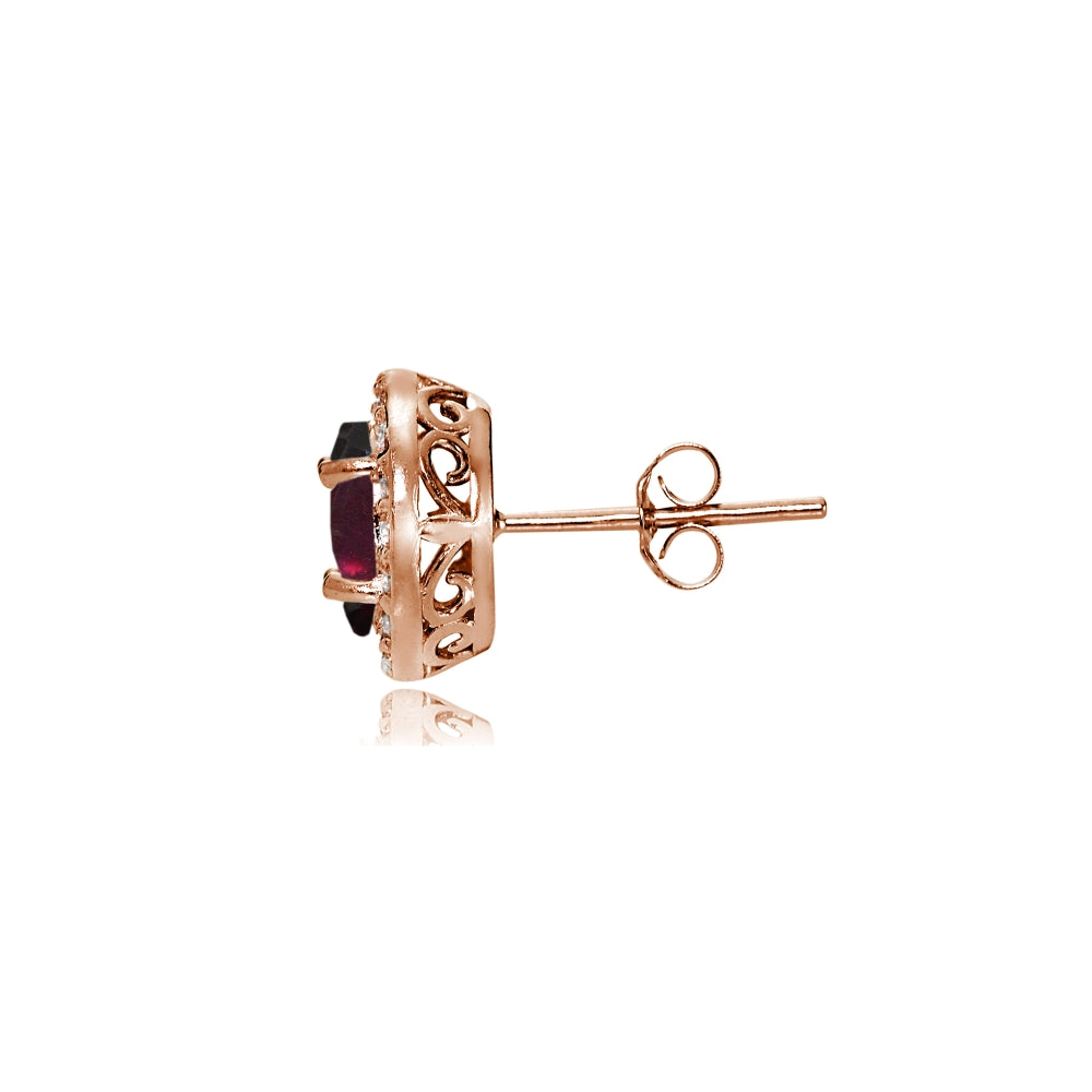 Rose Gold Flashed Sterling Silver Garnet and Cubic Zirconia Accents Oval Halo Stud Earrings-2
