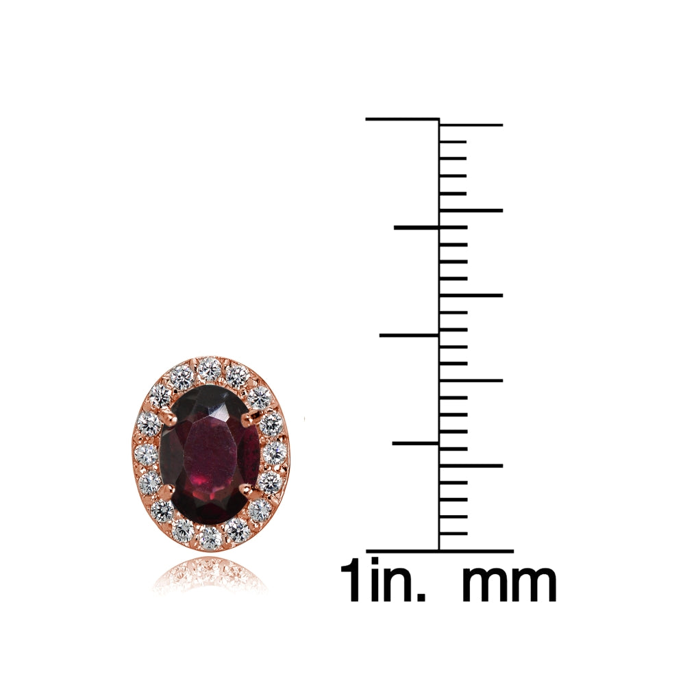 Rose Gold Flashed Sterling Silver Garnet and Cubic Zirconia Accents Oval Halo Stud Earrings-3