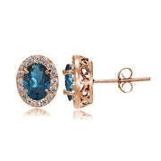 Rose Gold Flashed Sterling Silver London Blue and White Topaz Oval Halo Stud Earrings