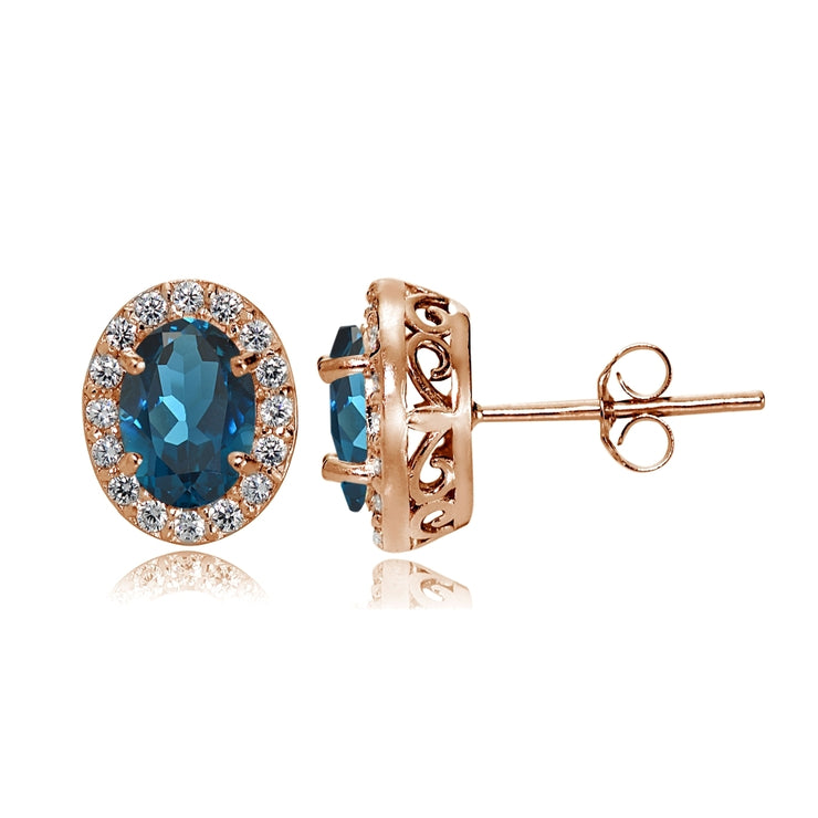 Rose Gold Flashed Sterling Silver London Blue and White Topaz Oval Halo Stud Earrings