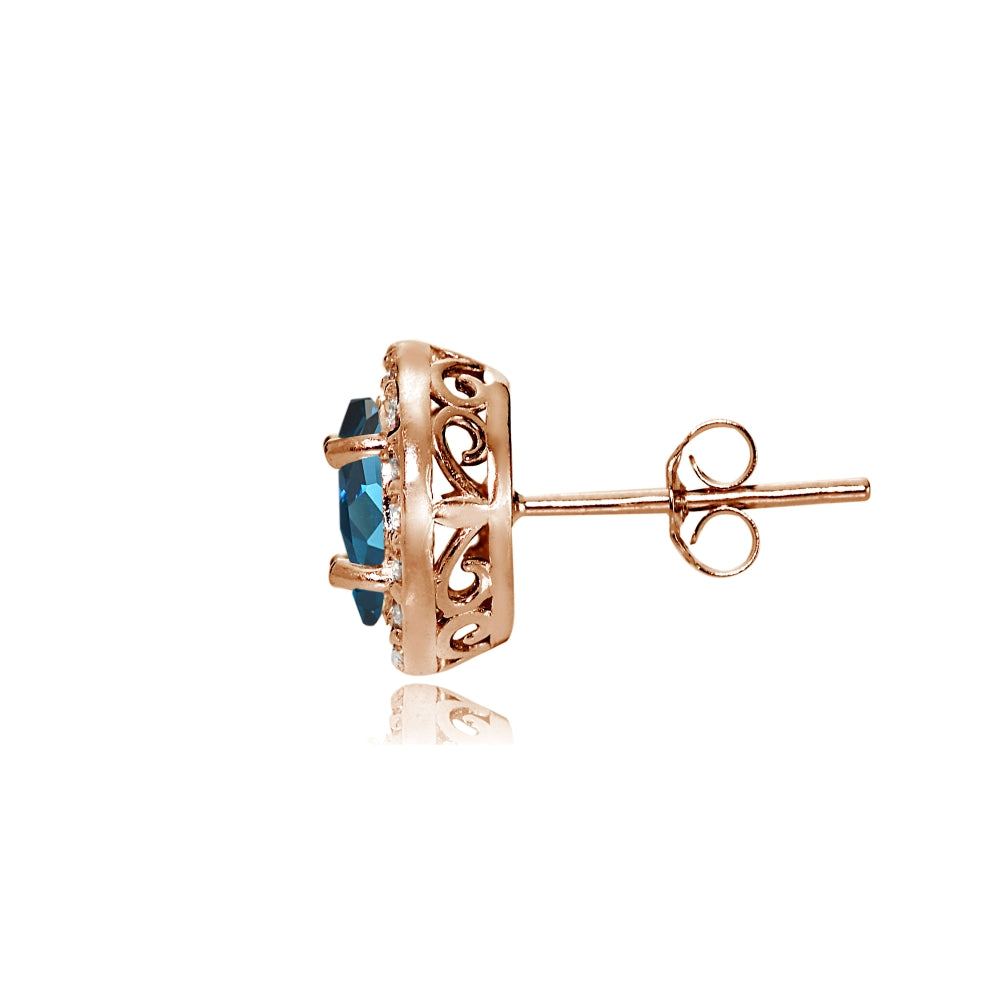Rose Gold Flashed Sterling Silver London Blue and White Topaz Oval Halo Stud Earrings-2