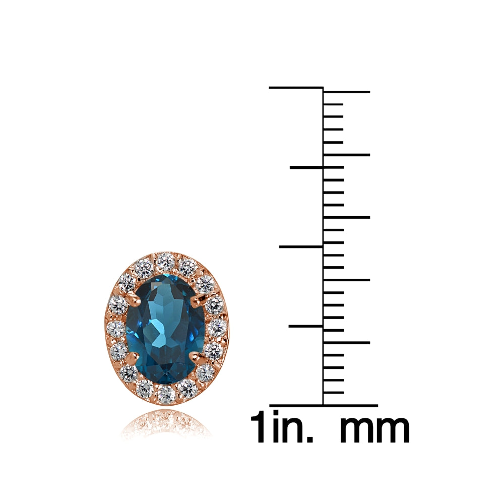 Rose Gold Flashed Sterling Silver London Blue and White Topaz Oval Halo Stud Earrings-3