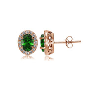 Rose Gold Flashed Sterling Silver Created Emerald and Cubic Zirconia Accents Oval Halo Stud Earrings