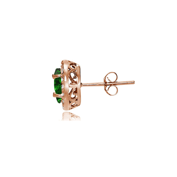Rose Gold Flashed Sterling Silver Created Emerald and Cubic Zirconia Accents Oval Halo Stud Earrings