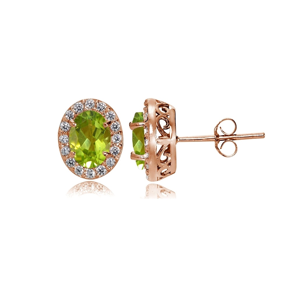 Rose Gold Flashed Sterling Silver Peridot and Cubic Zirconia Accents Oval Halo Stud Earrings