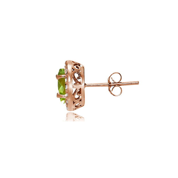 Rose Gold Flashed Sterling Silver Peridot and Cubic Zirconia Accents Oval Halo Stud Earrings