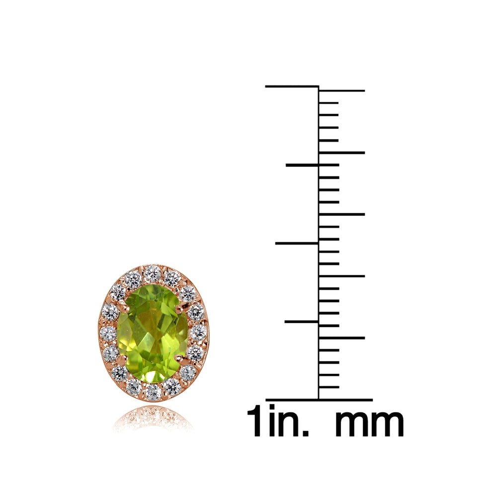 Rose Gold Flashed Sterling Silver Peridot and Cubic Zirconia Accents Oval Halo Stud Earrings-3