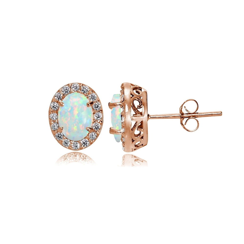 Rose Gold Flashed Sterling Silver Created White Opal and Cubic Zirconia Accents Oval Halo Stud Earrings